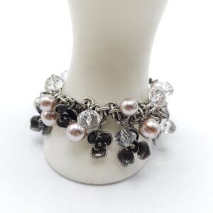 Vintage Silver Tone Charm Flower Bracelet With Faux Pearl Crystal Cha Cha